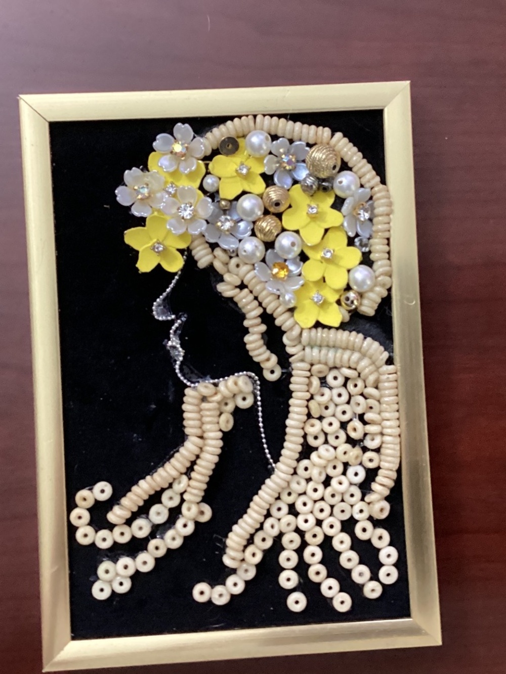 Handcrafted jewelry art blonde hair lady white yellow flower hat vintage flowers